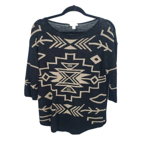 J. Jill Aztec Print Sweater Womens Size Xs Black Beige Linen Blend 3/4 Sleeve - Picture 1 of 11